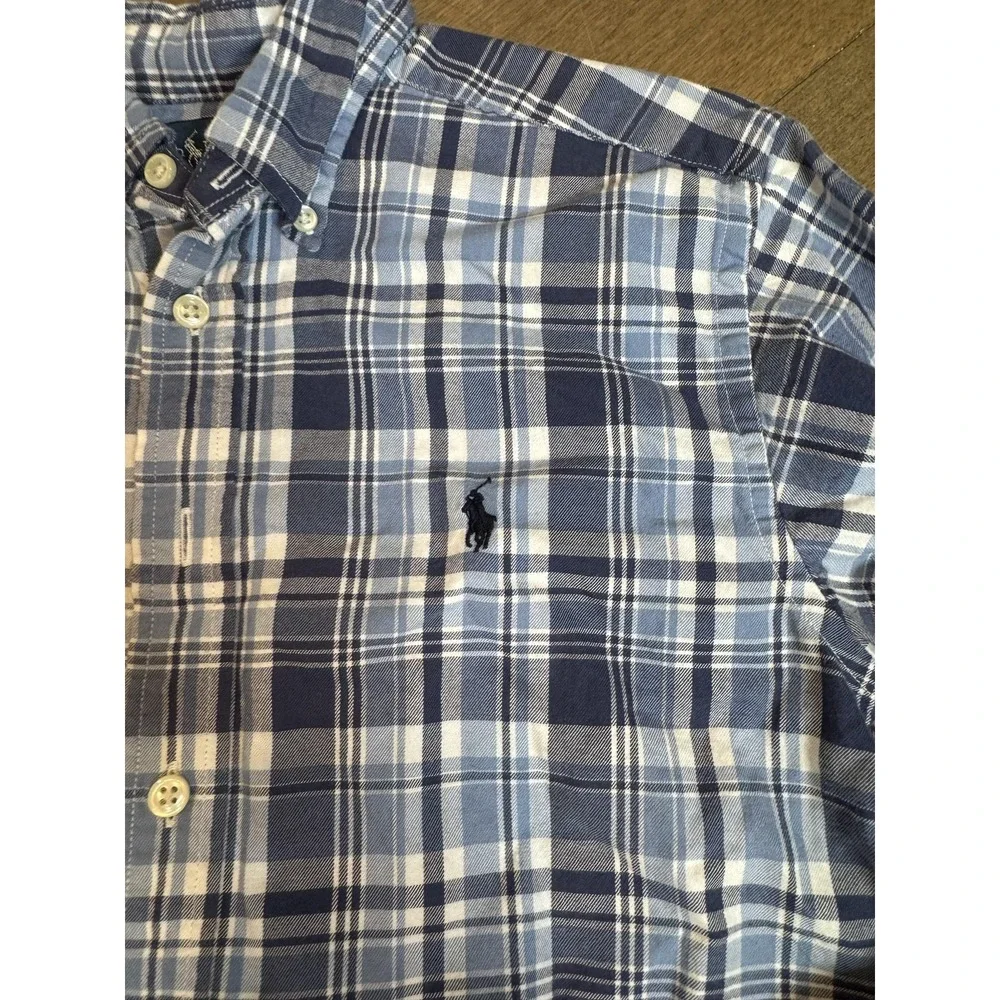 Ralph Lauren Shirt Boys Medium 10-12 Blue Plaid Long Sleeve Button Down Collared